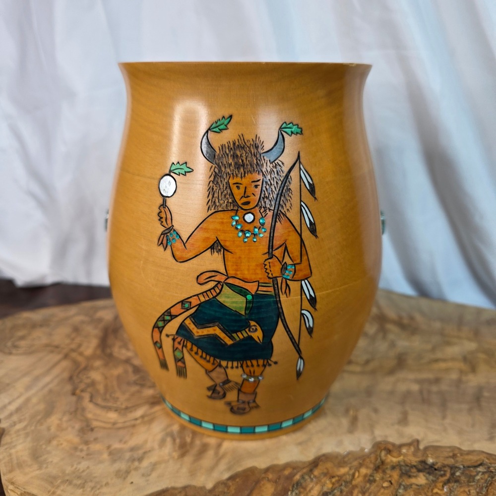 Klaus Stange Signed Alder Wood Vessel Buffalo Dancer Turquoise Inlay Southwest